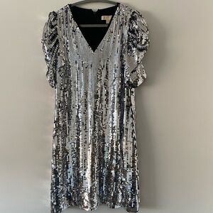 MICHAEL Michael Kors Silver Sequin Mini Dress with Puff Sleeves